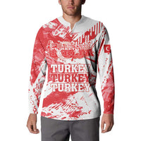 Red and white quarter-zip sweatshirt with Turkey text front graphic