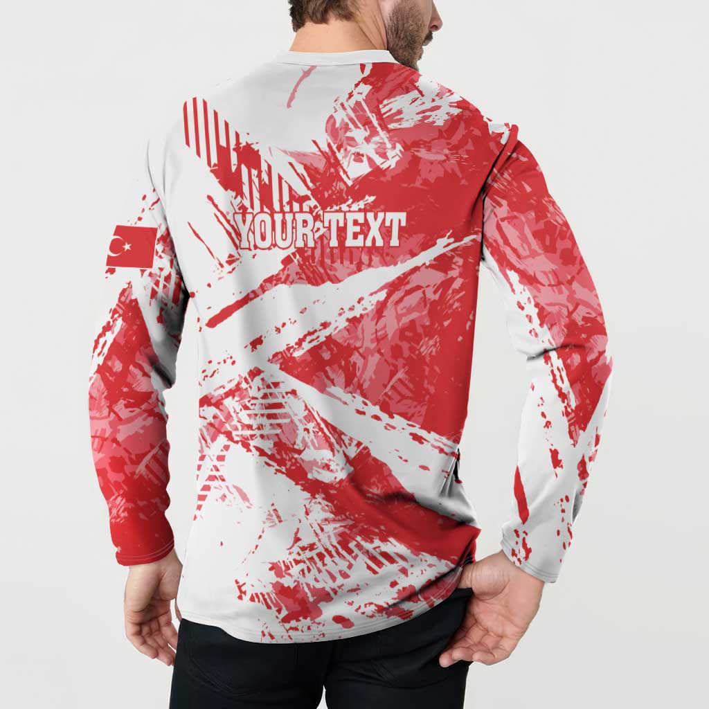 Red and white quarter-zip sweatshirt with back 'YOURTEXT' and Turkey-flag side patch