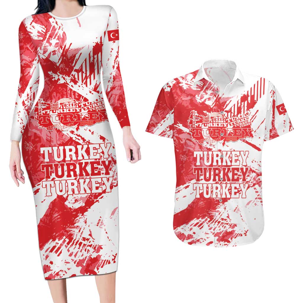 Personalised Turkey Couples Matching Long Sleeve Bodycon Dress and Hawaiian Shirt Turkiye Map Unique Grunge - Wonder Print Shop