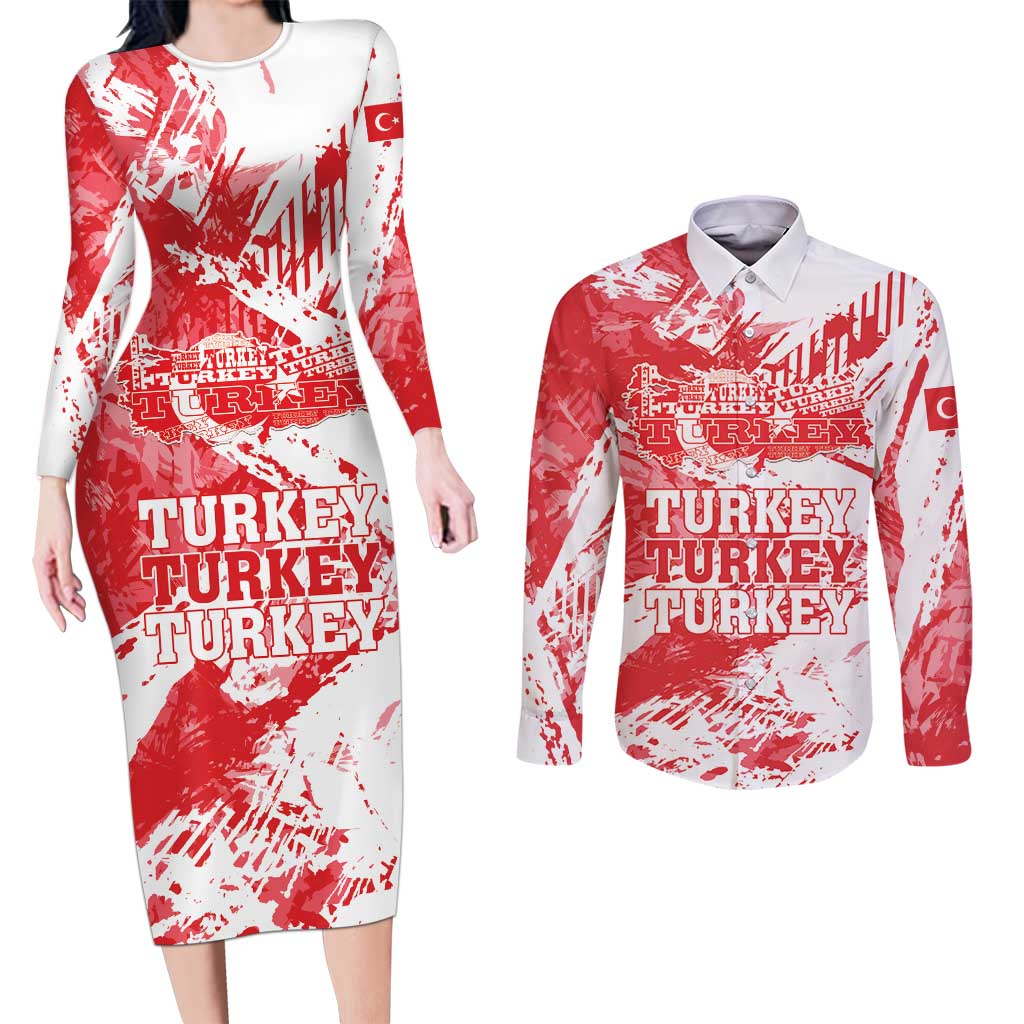 Personalised Turkey Couples Matching Long Sleeve Bodycon Dress and Long Sleeve Button Shirt Turkiye Map Unique Grunge - Wonder Print Shop