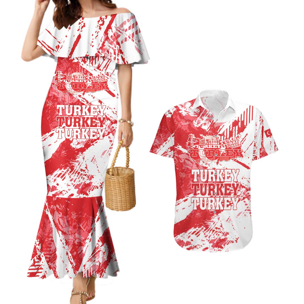 Personalised Turkey Couples Matching Mermaid Dress and Hawaiian Shirt Turkiye Map Unique Grunge - Wonder Print Shop