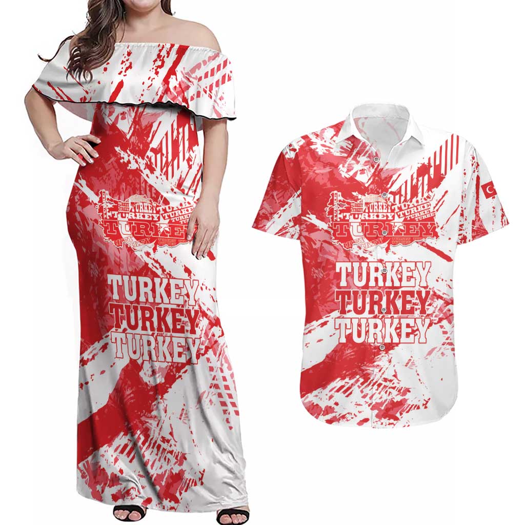 Personalised Turkey Couples Matching Off Shoulder Maxi Dress and Hawaiian Shirt Turkiye Map Unique Grunge - Wonder Print Shop