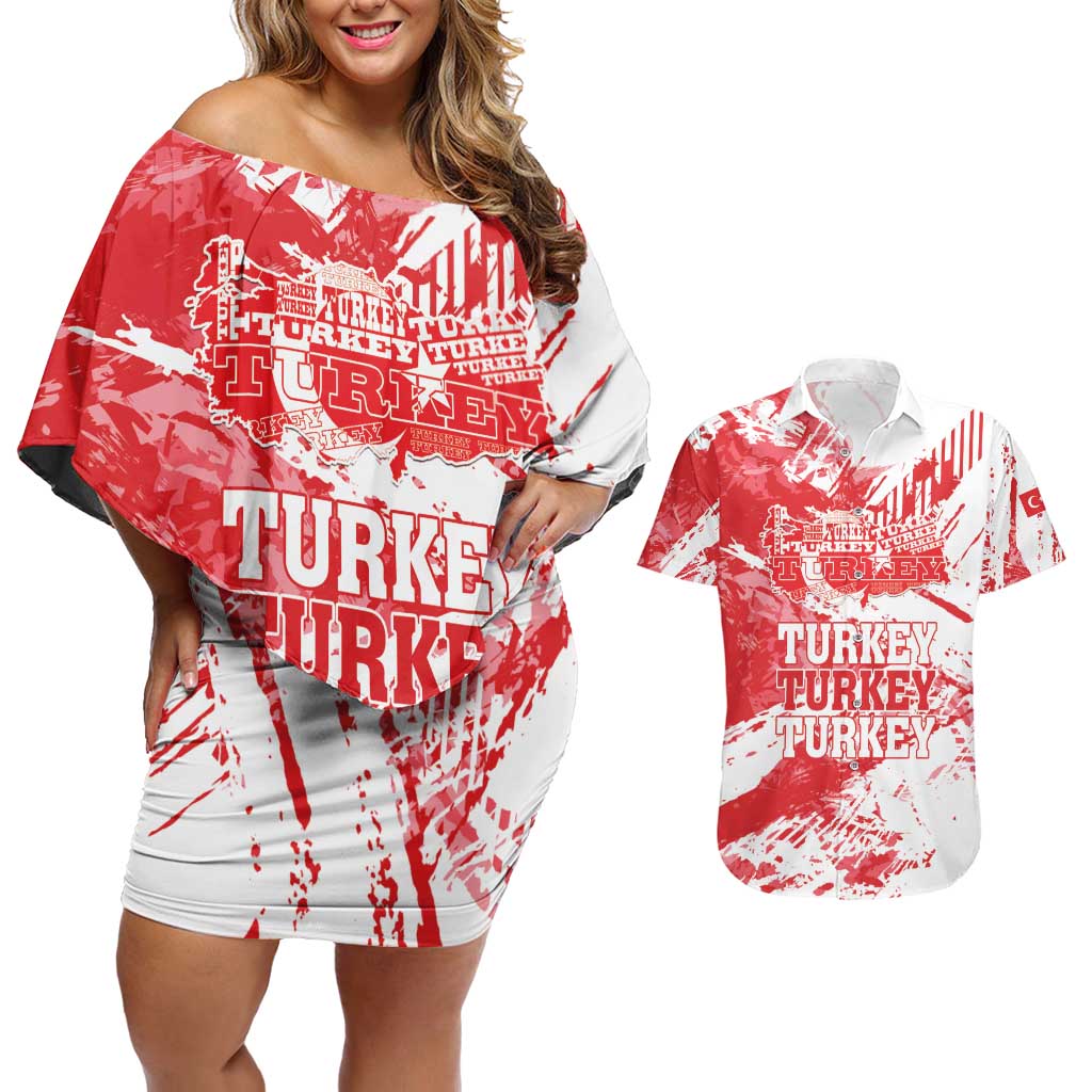 Personalised Turkey Couples Matching Off Shoulder Short Dress and Hawaiian Shirt Turkiye Map Unique Grunge - Wonder Print Shop