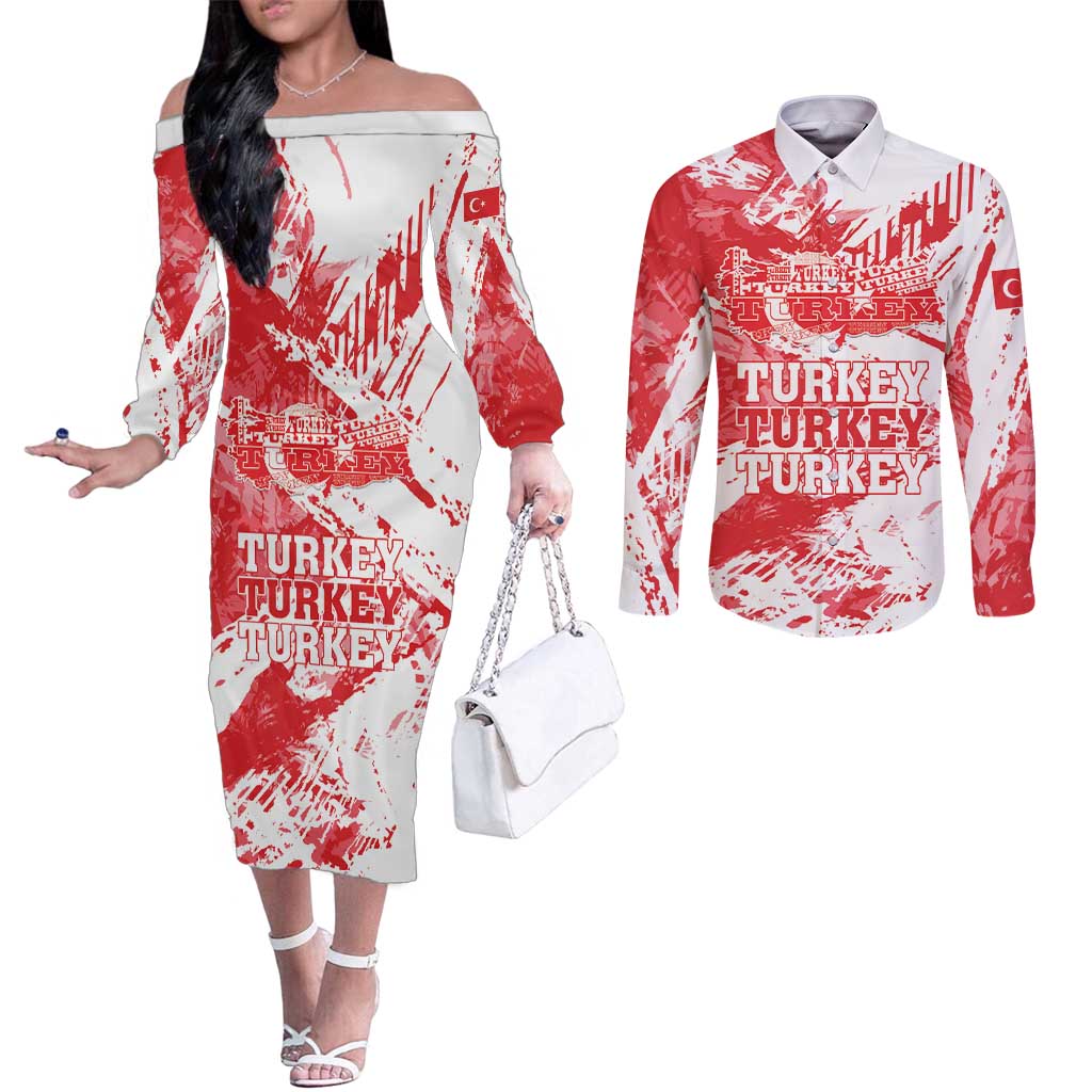 Personalised Turkey Couples Matching Off The Shoulder Long Sleeve Dress and Long Sleeve Button Shirt Turkiye Map Unique Grunge