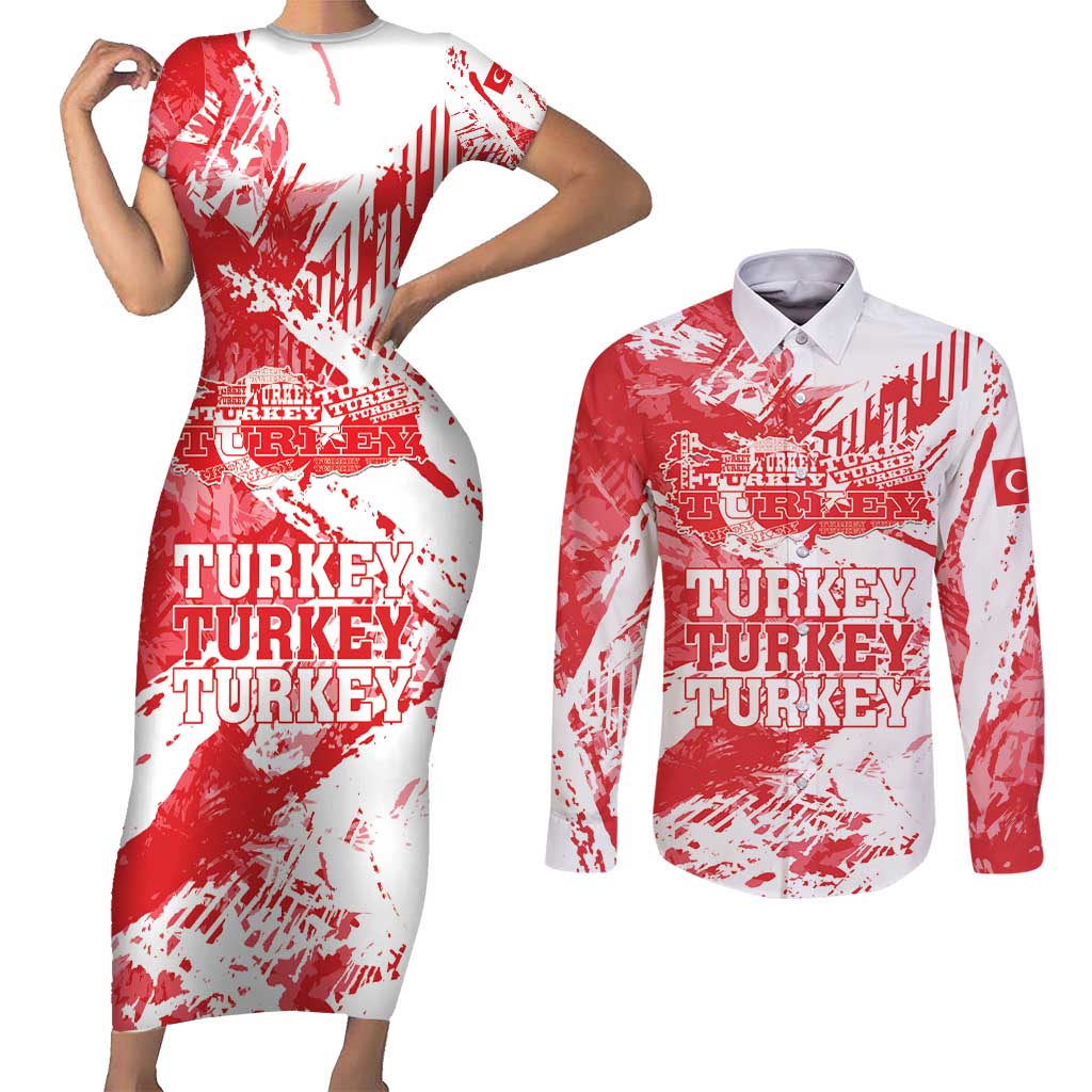 Personalised Turkey Couples Matching Short Sleeve Bodycon Dress and Long Sleeve Button Shirt Turkiye Map Unique Grunge - Wonder Print Shop