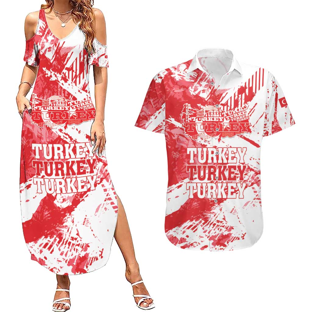 Personalised Turkey Couples Matching Summer Maxi Dress and Hawaiian Shirt Turkiye Map Unique Grunge - Wonder Print Shop