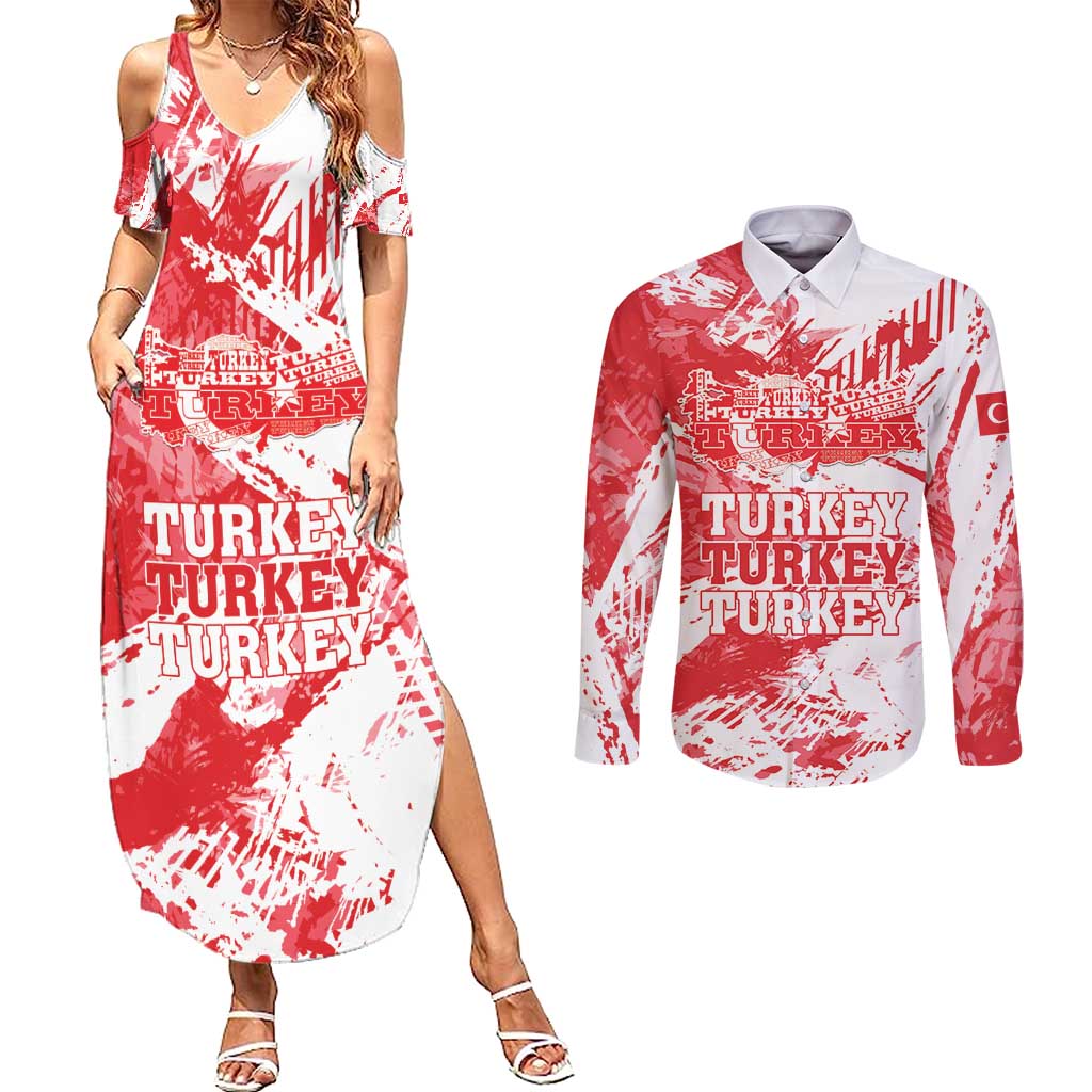 Personalised Turkey Couples Matching Summer Maxi Dress and Long Sleeve Button Shirt Turkiye Map Unique Grunge - Wonder Print Shop