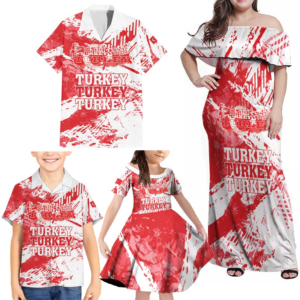 Personalised Turkey Family Matching Off Shoulder Maxi Dress and Hawaiian Shirt Turkiye Map Unique Grunge - Wonder Print Shop