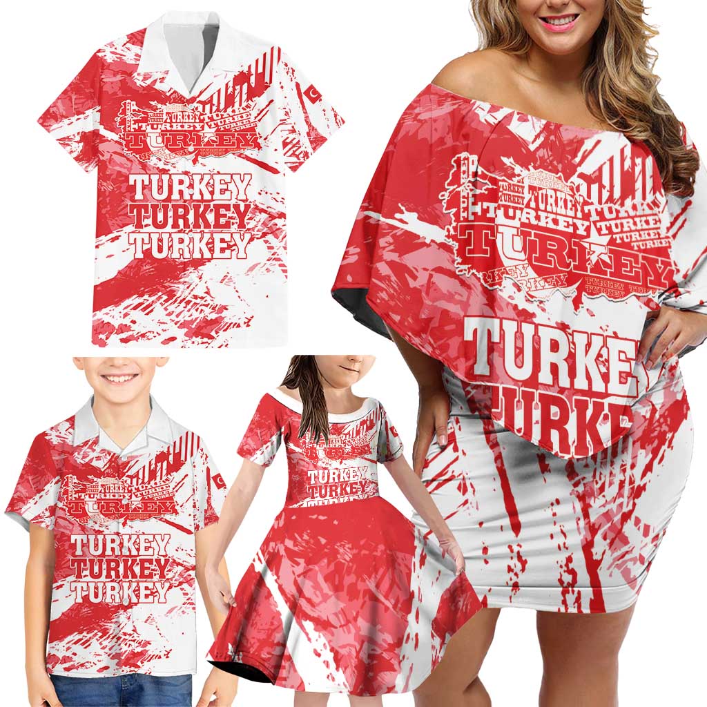 Personalised Turkey Family Matching Off Shoulder Short Dress and Hawaiian Shirt Turkiye Map Unique Grunge - Wonder Print Shop