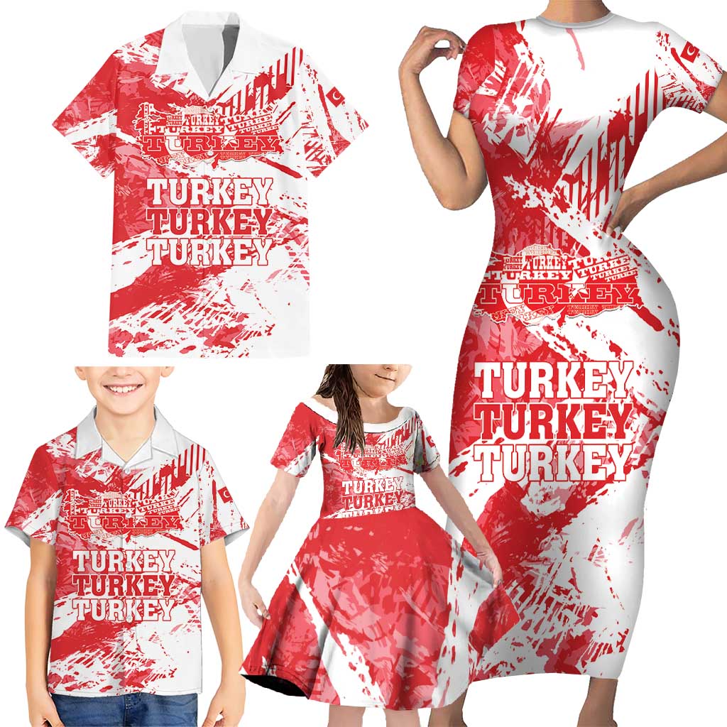 Personalised Turkey Family Matching Short Sleeve Bodycon Dress and Hawaiian Shirt Turkiye Map Unique Grunge - Wonder Print Shop