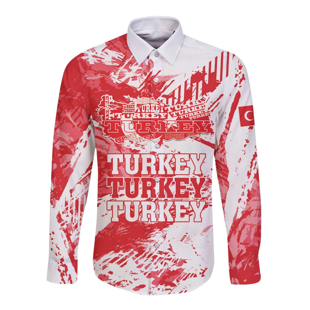 Red and white long-sleeve button shirt with Turkey graphic grunge print