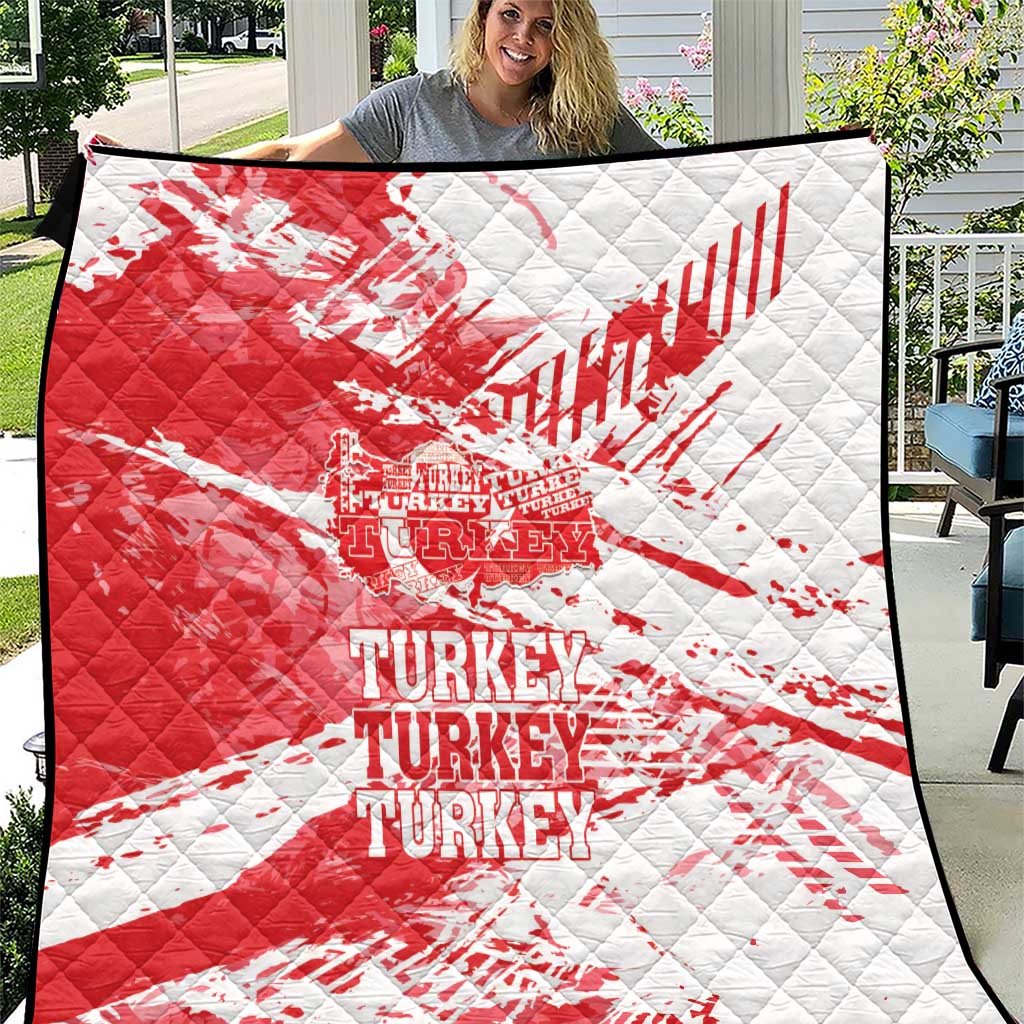 Red and white Turkey grunge map quilt with repeated “TURKEY” text