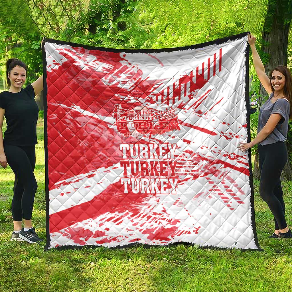 Red and white Turkey themed quilt, quilted fabric with map and “TURKEY” lettering