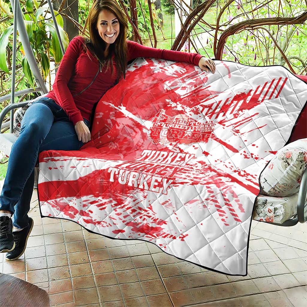 Red and white Turkey grunge map quilt with stitched pattern and “TURKEY” labels