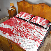 Red and white quilt bed set with Turkey text, shown with two matching pillows on the bed.