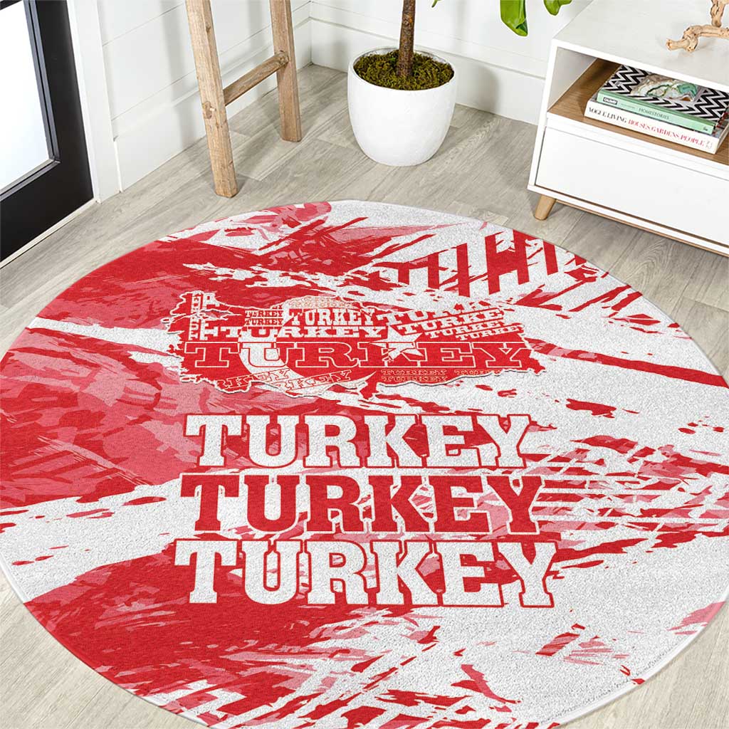 Round red and white area rug with Turkey map and bold “TURKEY” text