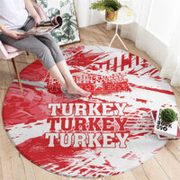 Round red and white Turkey map area rug with bold “TURKEY” lettering