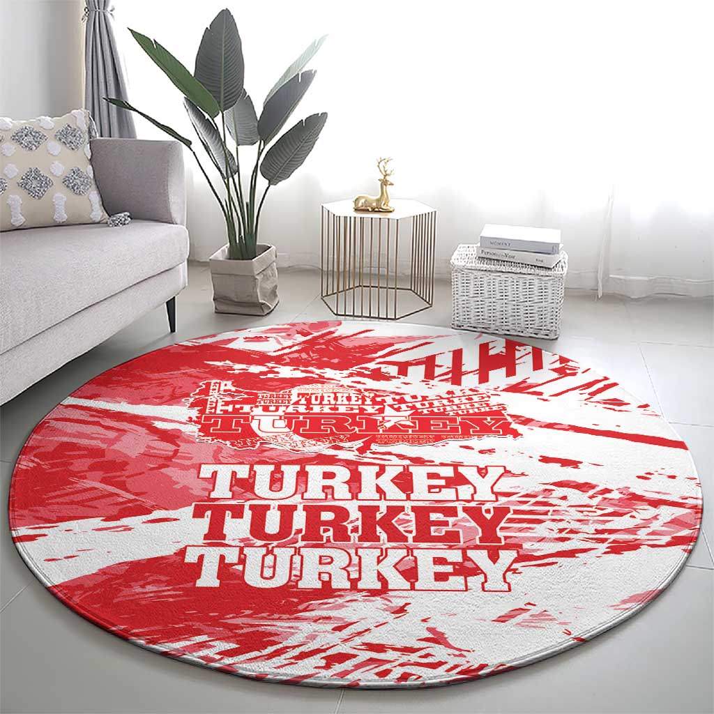 Round red and white Turkey map area rug with stacked “TURKEY” lettering