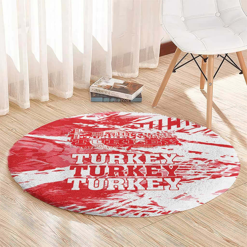 Round red and white Turkey map area rug, grunge style, “TURKEY” lettering