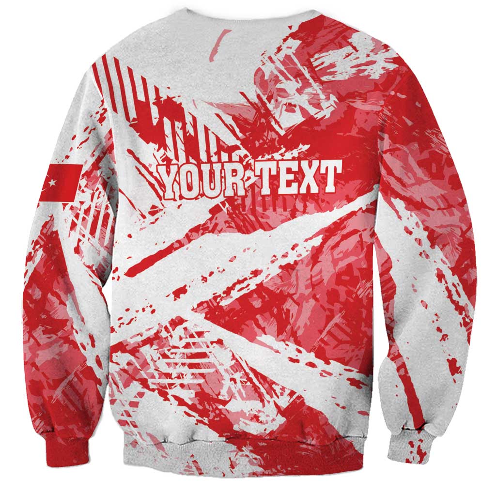Gray and red grunge sweatshirt with 'YOUR TEXT' graphic on back, crew neck