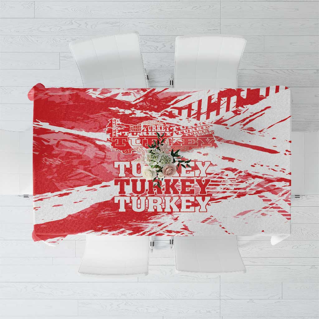 Red and white Turkey map grunge tablecloth with distressed text pattern