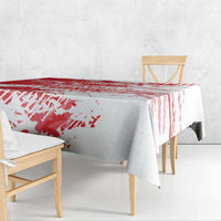 Red and white Turkey-themed grunge tablecloth draped over rectangular table