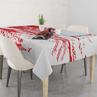 Red and white Turkey grunge tablecloth with bold distressed graphic on dining table