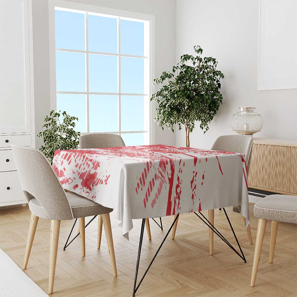 Red and white Turkey-themed grunge tablecloth on dining table with six chairs