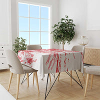 Red and white Turkey-themed grunge tablecloth on dining table with six chairs