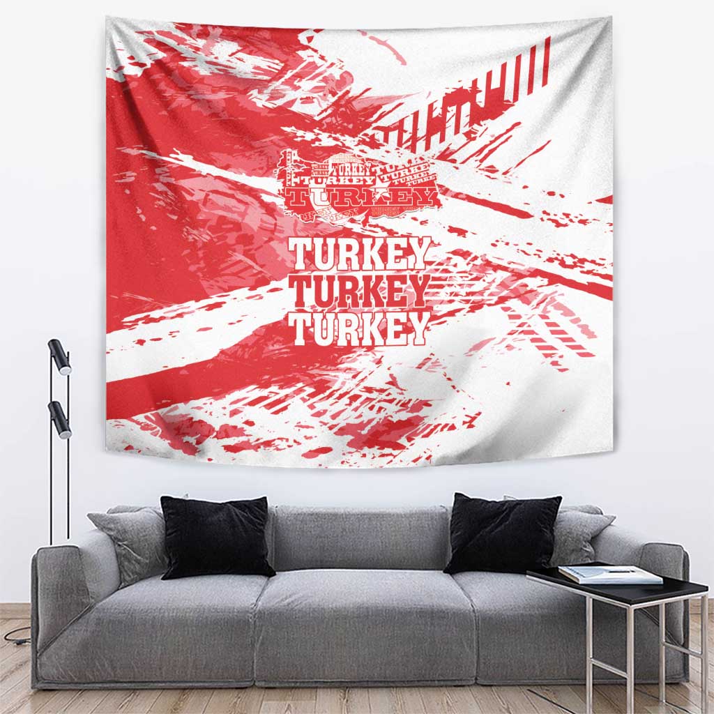 Red and white Turkey map wall tapestry with distressed print and repeated TURKEY text