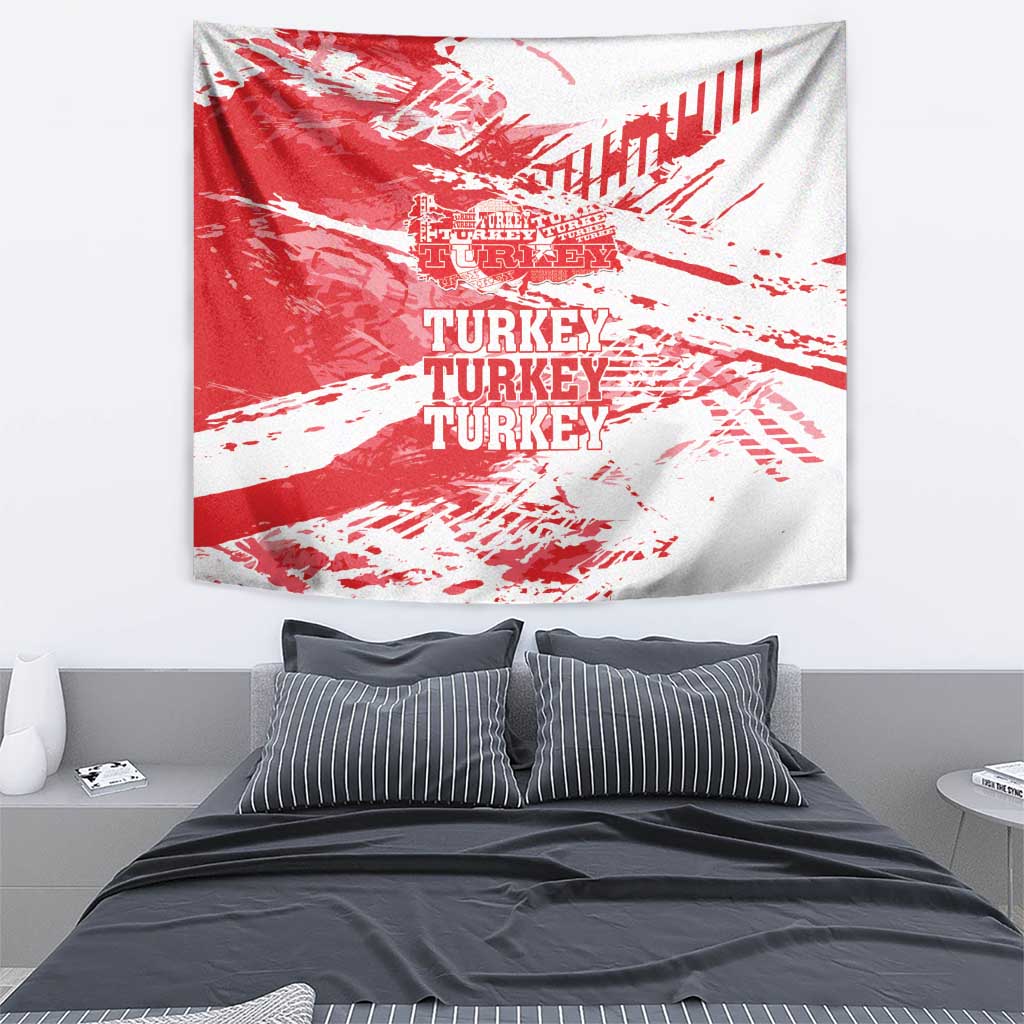 Red and white Turkey map wall tapestry above a bed, distressed stripes and TURKEY text