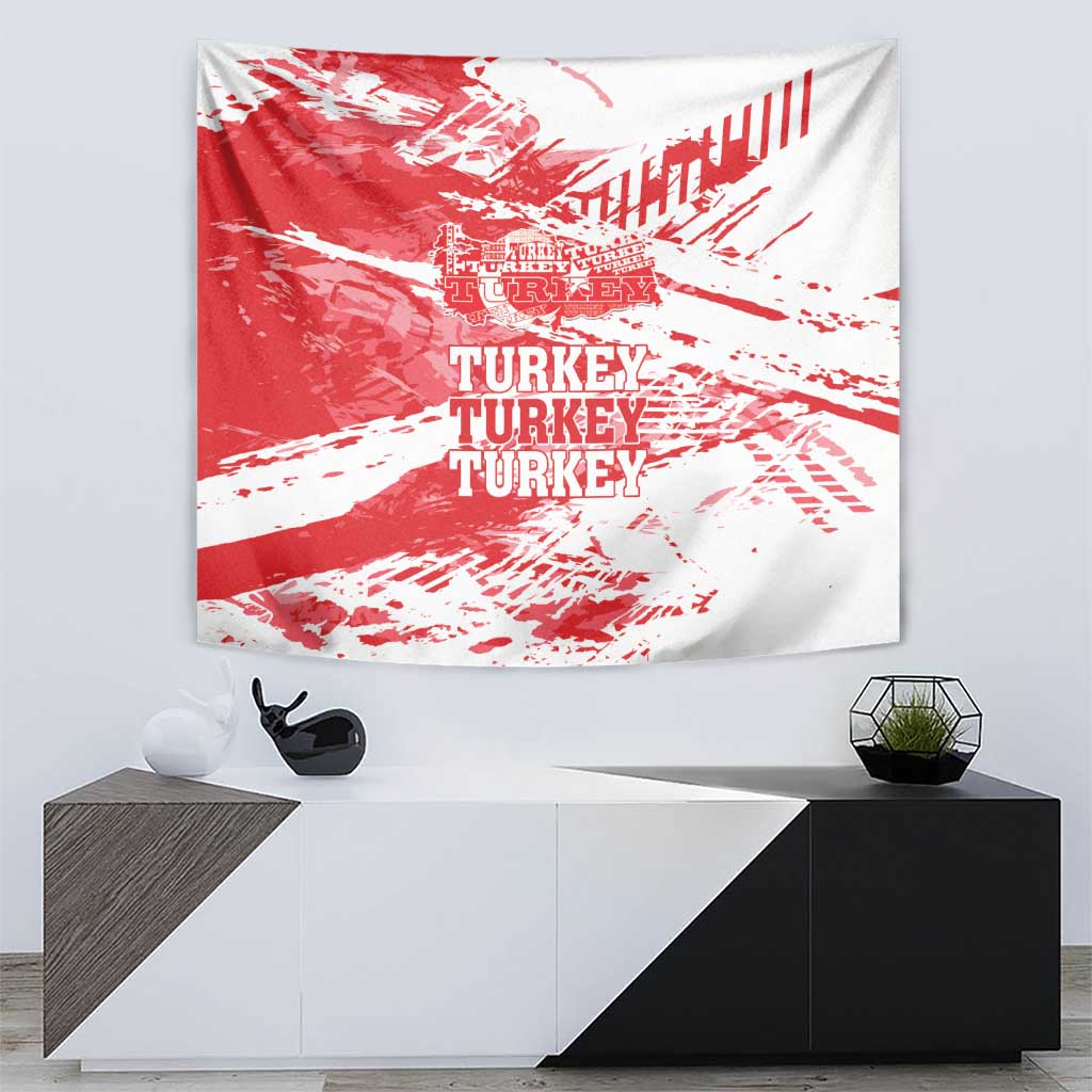 Red and white Turkey map wall tapestry on the wall with distressed lines and TURKEY text