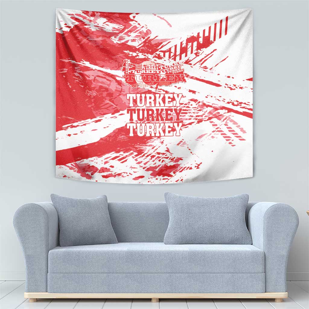 Red and white Turkey map wall tapestry over a sofa, distressed splatter and TURKEY text