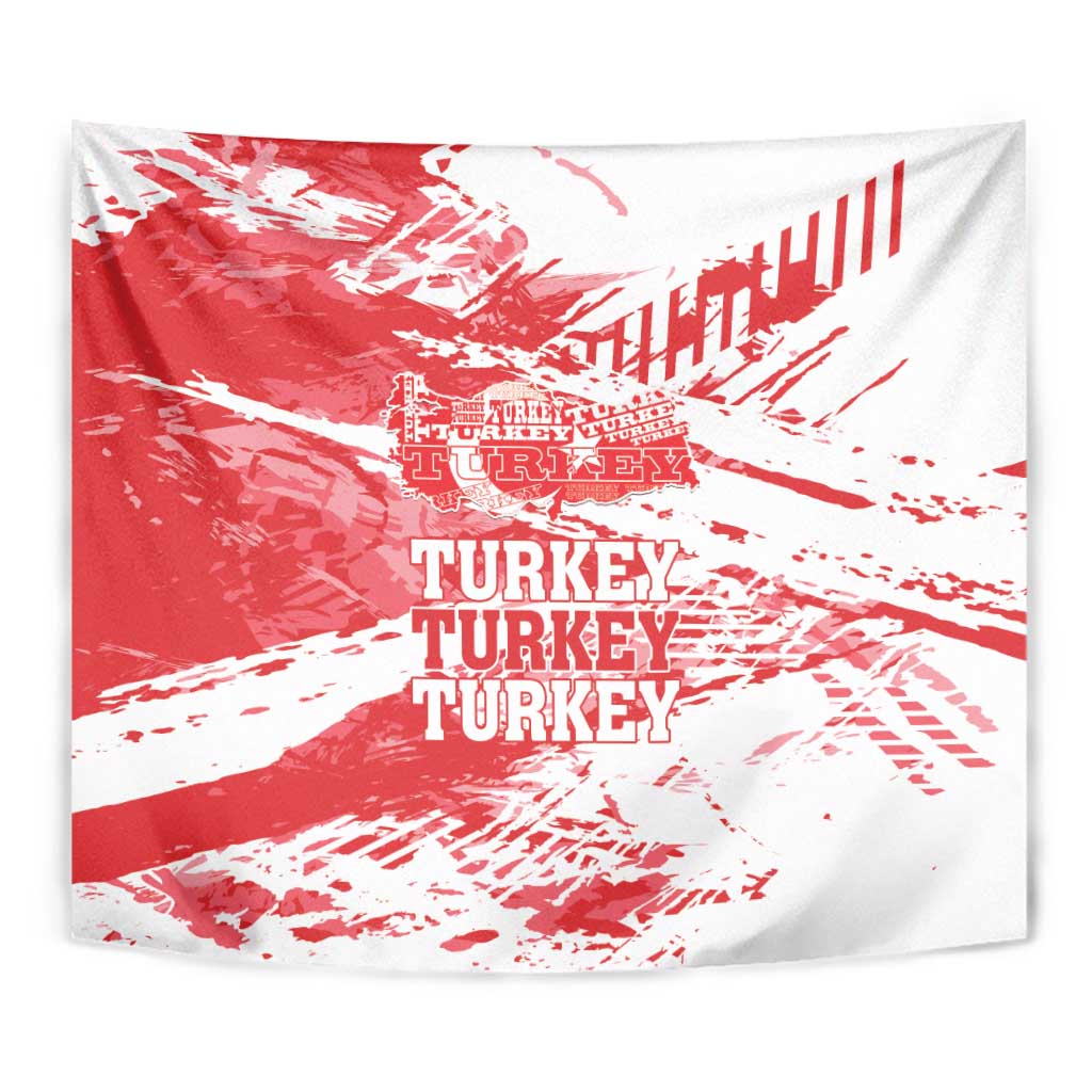 Red and white Turkey map wall tapestry with distressed grunge pattern and repeated TURKEY text