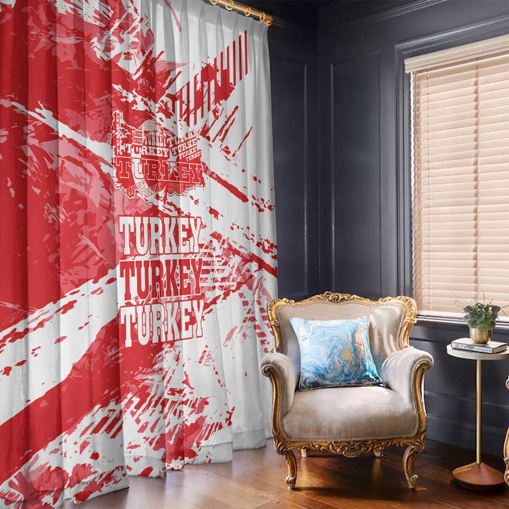 Red and white Turkey map grunge window curtain panels with distressed “TURKEY” text.