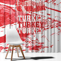 Red and white Turkey map grunge window curtain panels with large “TURKEY” lettering.
