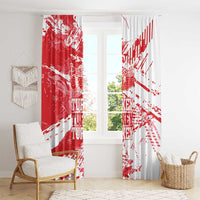 Red and white Turkey map grunge window curtain panels with repeated “TURKEY” text.