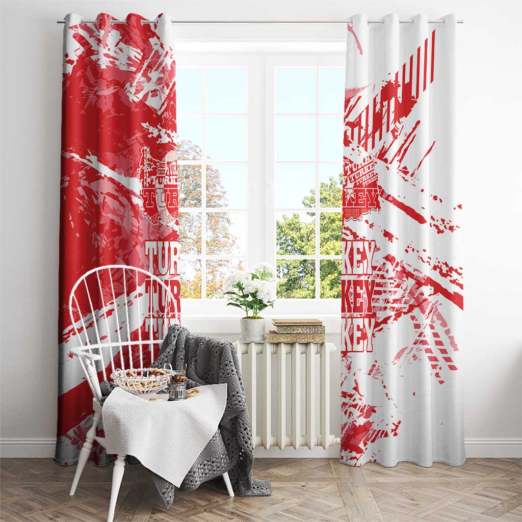 Red and white Turkey map grunge window curtain panels with distressed radiating lines.
