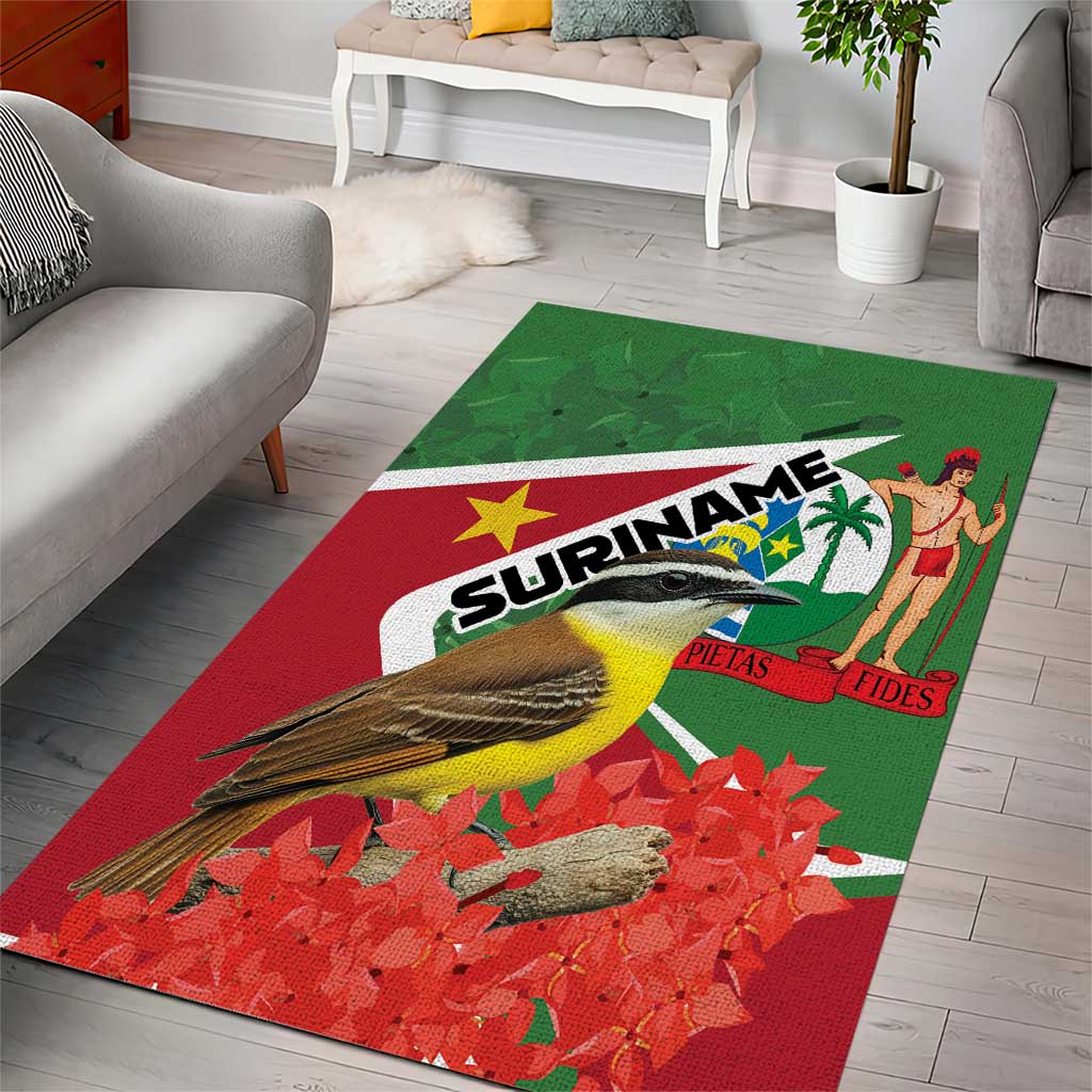Rectangular Suriname themed area rug with green border, red field, bird and flowers