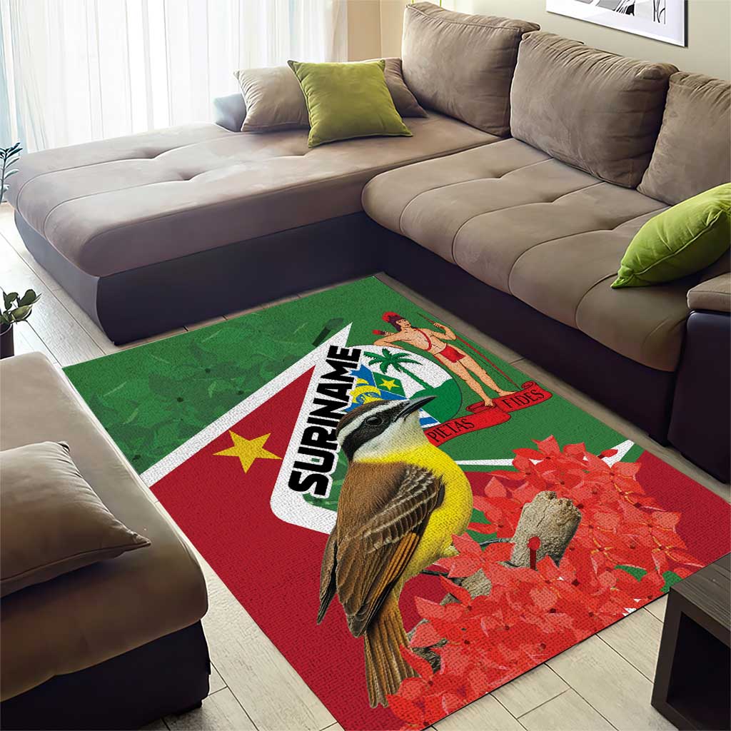 Multicolor Suriname bird area rug, green and red with text and floral pattern