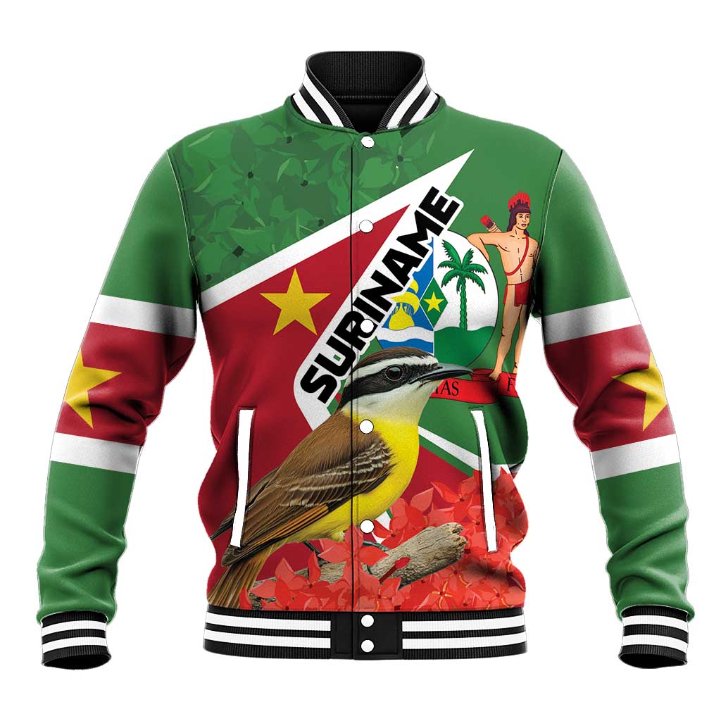 Green baseball jacket with white-red diagonal stripe, bird graphic, striped rib collar and cuffs.