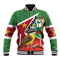 Green baseball jacket with white-red diagonal stripe, bird graphic, striped rib collar and cuffs.