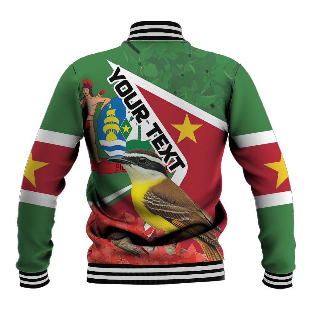 Green baseball jacket back with white diagonal stripe, large text graphic, striped rib hem and cuffs.