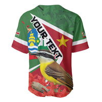 Green Suriname baseball jersey back, diagonal text and bird graphic on red stripe