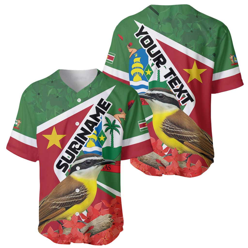 Set of green Suriname baseball jerseys, front and back views with bird and flag design