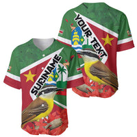 Set of green Suriname baseball jerseys, front and back views with bird and flag design