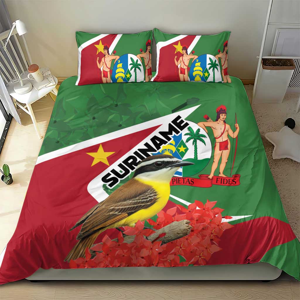 Suriname bedding set with green and red bird-and-flag artwork plus matching pillowcases