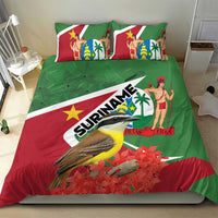 Suriname bedding set with green and red bird-and-flag artwork plus matching pillowcases