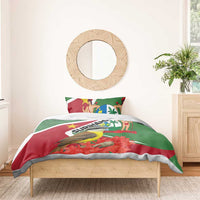 Green and red Suriname-themed bedding set with bird design and matching pillowcases