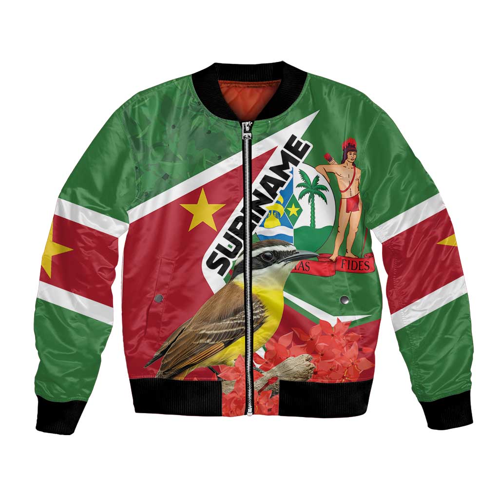 Green bomber jacket with full front zip, black ribbed cuffs, flag graphic and bird art